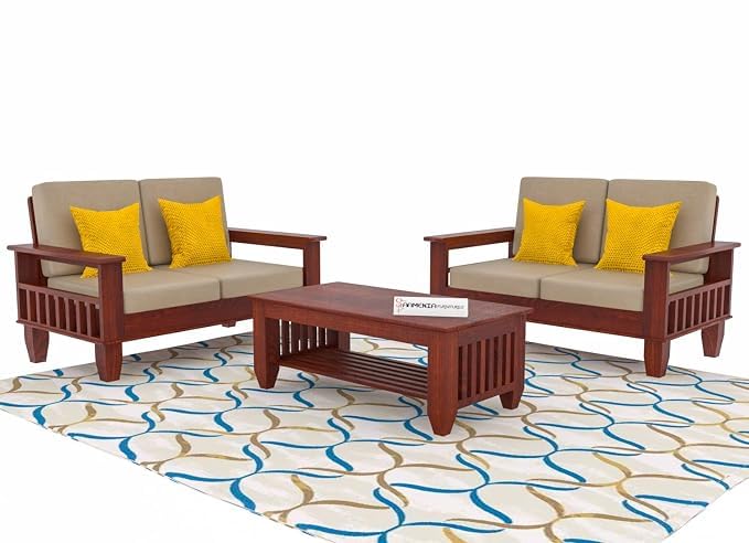 Image of Sheesham Wooden 4 Seater Sofa for Living Room | Rosewood 4 Seater Cushion Sofa with Side Newspaper Holder for Home & Office | Solid Wood Sofa Set for Lounge (Mahogany,2+2 Seater)