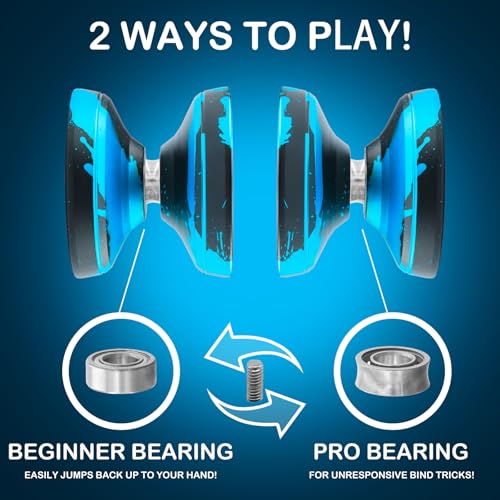 FETESNICE FS23 Yoyo Professional Responsive Yoyo for Kids 8-12, Unresponsive Yo yo for Adults, Dual Function Metal Fingerspin Trick Yo-yos with Yo-yo Strings + Yo-Yo Accessory Kit-Black Blue