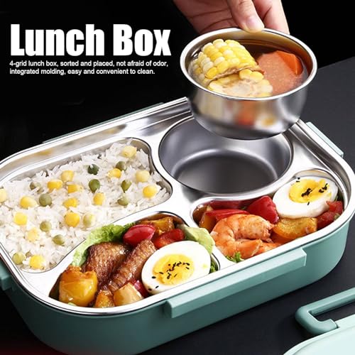 Yosoo Stainless Steel Lunch Box, 4 Grid Portable Box, Food Storage Container, Good Sealing Performance, Includes Spoons and Chopsticks (Four grid lunch box with soup bowl: green)