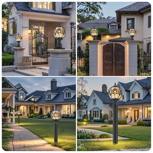 Image of Black Outdoor Globe Post Lights, Exterior Waterproof Rustproof Sphere Outside Post Lamps Fixture, Farmhouse Aluminum Pillar Lantern for Porch House Pathway Fence Yard Garden Patio, No Sensor