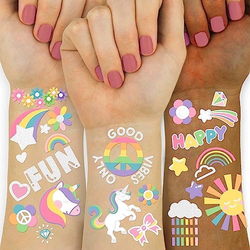 118 PCS Unicorn Temporary Tattoo, Groovy Glitter Style Pride Tattoo Rainbow Crown Fake Tattoo for Girls’ Party Supplies Kids' Birthday Supplies, Waterproof Tattoo Sticker for 6 7 8 9 10 years old