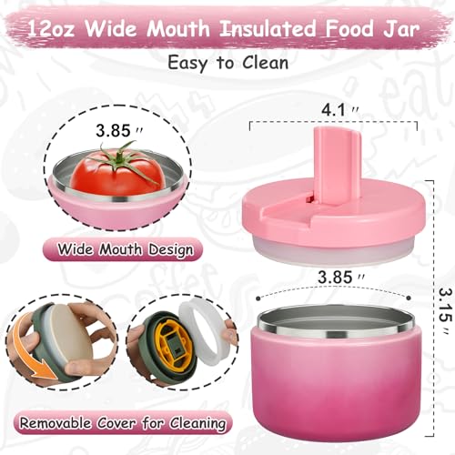 Image of Pawtong 12oz Insulated Vacuum Food Jar with Buckle Lid Wide Mouth Soup Thermo for Hot Food Kids Leakproof Stainless Steel Lunch Container (Gradient Pink, 12OZ)