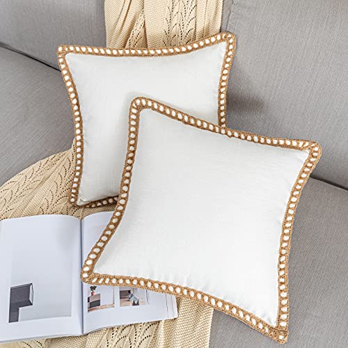 Hyoubala Decorative Throw Pillow Covers 18X18 Set Of 2- Burlap Linen Trimmed Tailored Edges Farmhouse Pillow Cases For Couch Sofa Livingroom (Off White, 18X18) #TOP1
