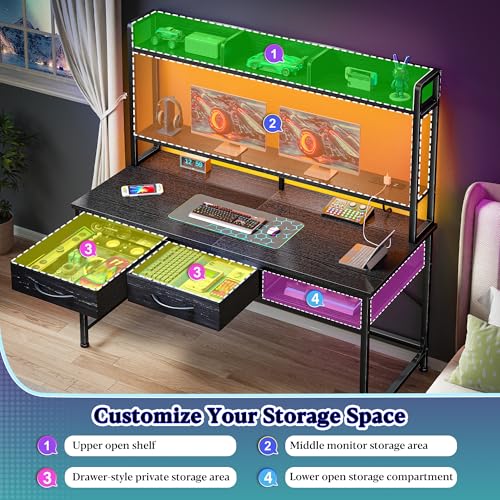 Image of DurayLoly Computer Desk with Shelves and Drawers for Bedroom,Black | Neck&Waist Strain Relief Monitor Stand, Vision-protect RGB LED Suited for Students&Office Sitters