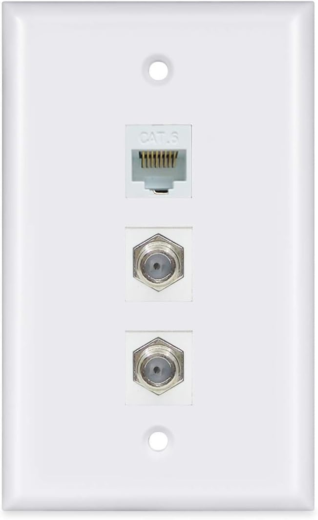 2 Coax 1 Ethernet Wall Plate - ESYLink 2 Port Coax Cable TV F-Type and 1 Port Ethernet Cat6 Wall Plate - White