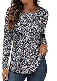 GRECERELLE Camiseta de manga larga con cuello redondo para mujer, estilo casual, plisada, blusa de ajuste regular para mujer, Flor blanca y azul marino, L