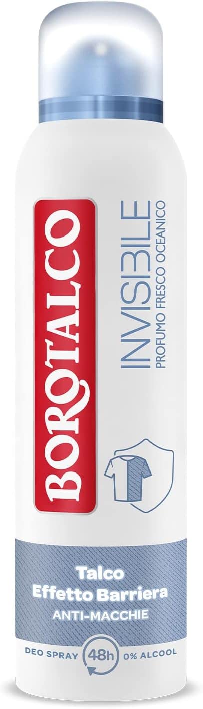 Borotalco - Desodorante en aerosol azul invisible, fórmula sin alcohol con talco de efecto barrera, no detecta ni transmite Aloni 48H, perfume oceánico fresco de 150 ml + Polpa italiana Gourmet 400 g