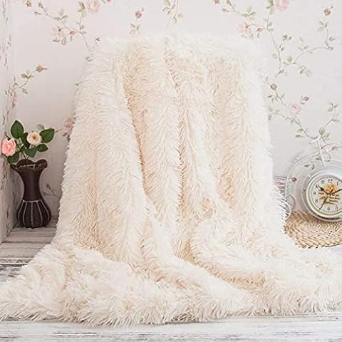 TIDWIACE Soft Long Warm Fluffy Shaggy Throw Blanket Microfiber - Faux Fur Warm Elegant Cozy With Solid Blankets for Bed and Couch (Cream White, 200 x 230 CM) Cover