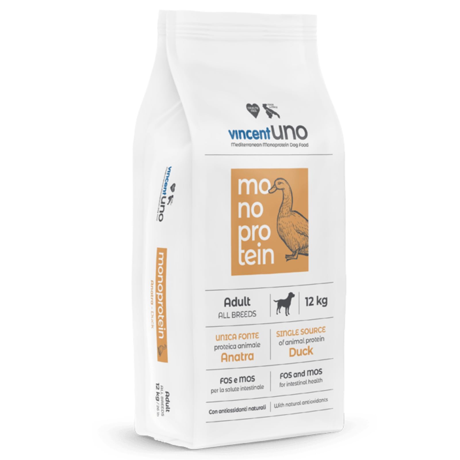 Pet's Garden Vincent Uno Crocchette per Cani Monoproteico Gusto Anatra Mangime Cibo Alimento Secco Ideale per Cani Adulti Completo e Bilanciato Sacco da 12 KG Prodotto Italiano