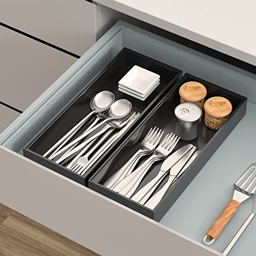 Veyfey Bamboo Drawer Organizer, Stackable Utensil Organizer For Kitchen, Black Silverware Tray For Drawer 15" X 6" X 2" Set Of 2 #TOP2