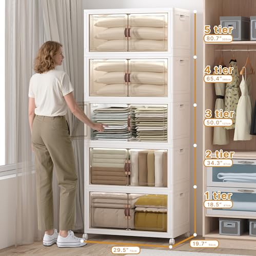 Image of UAMFURI Stackable Storage Bins with Lids, 840QT Closet Organizers and Storage Cabinet with Doors & Wheels, Lockable Plastic Foldable Drawers for Bedroom Dorm Office Garage(168QT*5,White)