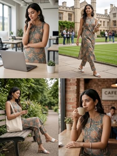 Image of Leriya Fashion Women's Summer Printed Kurta Pant Set | Sleeveless Lightweight Kurti with Palazzo Pants | Kurti Set for Woman | Casual, Office, Vacation & Everyday Outfit | Ethnic Kurta Sets for Woman