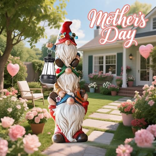 twinbling Garden Gnome Statue with Solar Lights Garden Sculptures Funny Triple Gnome Outdoor Patio Lawn Yard Balcony Home Decor Birthday Gift for Mom Woman Grandma 12 in Summer Gnomes - Thumbnail 6