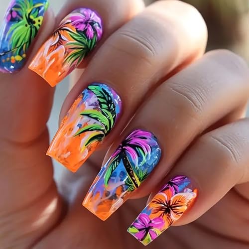 24Pcs Summer Press on Nails Medium Fake Nails with Colorful Cocon...