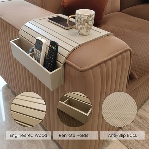Image of Home Sparkle Flexible Wooden Premium Sofa Armrest Tray | Non-Slip Couch Table with 2 Side Holders | Remote, Phone & Cup Holder Organizer for Snacks, Drinks & Small Items (P4)