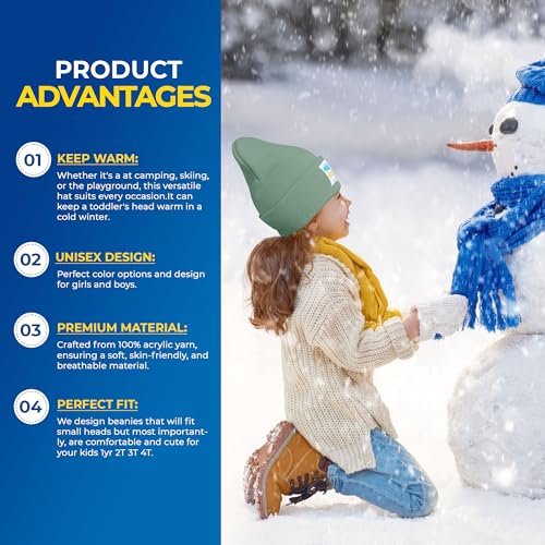 Toddler Beanies for Girls & Boys | Winter Hats for Kids & Babies | Knitted Hats for Kids - Girls & Boys 1y - 4T | Adjustable Cute, Unique Design | Premium Material (Sage)2