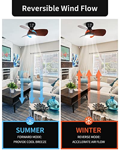 Small Flush Mount Ceiling Fan With Light, Okeli 24 Inch Compact Low Profile Modern 3 Wood Grain Blades Quiet Reversible Ceiling Fans With Remote, Light And Ceiling Fan Combo For Bedroom Kitchen, Patio #TOP3