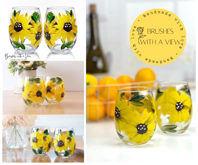 Handmade-Sunflower-Stemless-Wine-Glasses-Gift-for-Women-Sunflower-Kitchen-Decor-Rustic-Country-Farmhouse-Set-of-2-Hand-Painted Handmade Sunflower Stemless Wine Glasses Gift for Women Sunflower Kitchen Decor Rustic Country Farmhouse Set of 2 Hand Painted