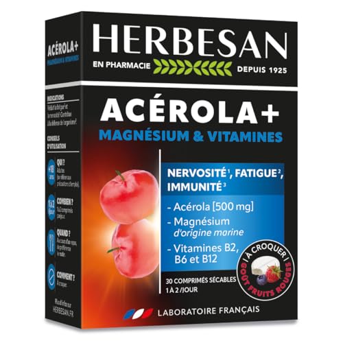 HERBESAN®- Complexe Acérola, Magnésium,Vitamine B2, B6, B12 -Réduction de la fatigue - 30 comprimés à croquer