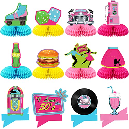 Jecery 12 Pcs 1950's Rock and Roll Honeycomb Centerpieces 50's Party Decorations 50s Retro Rock Music Soda Shop Table Toppers Centerpieces for Retro 50's 60's Theme Party Favors