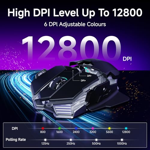 EWEADN G5 Tri-Mode Wireless Gaming Mouse, 12800 DPI Programmable Ergonomic Mouse with Metal Base for Stability, 500mAh Rechargeable, 8 Macro Buttons, Rapid Fire Key, RGB Backlit for FPS PC Mac - Black by SEUNKWANG - Image 4