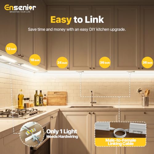 Image of Ensenior Hardwired Under Cabinet Lighting, 24 Inch 14W Cabinet Light,2Pack | Built-in 4-Level Dimmer & Switch, Premium Aluminum, Easy Link, True-color CRI 90+, 5 Colors, Moisture-Proof, FCC