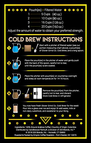 The Glover Grind Co. - 4 Decaffeinated Pumpkin Spice Cold Brew Coffee Packs, 100% Arabica Single Origin Colombian Coffee, Kosher, Makes up to 1.25 Gallons, Less Acidic, Smooth, and Fresh Roast.