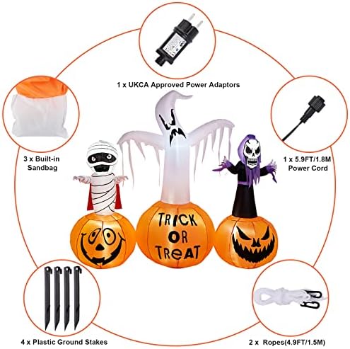 CAMULAND 6FT Halloween Inflatable Decorations, Halloween Inflatable Built-in LED Pumpkin Lights Blow Up Yard Decoration with Mummy, White Ghost and Death, Ideal for Garden, Yards and Lawns