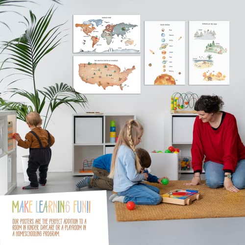 Educational Posters For Toddlers 11X17 Inches - Preschool Posters - Worldmap, Solar System Poster, Seasons Chart, Usa Map - Nursery Wall Decor - Set Of 4 Learning Classroom Posters For Home Kindergarten - Unframed #TOP2