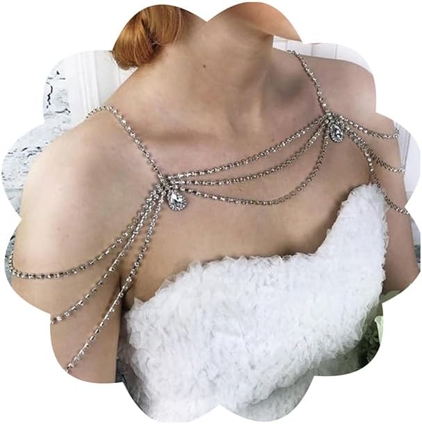 Xerling Layered Rhinestones Tassel Shoulder Chains Bra Body Chain Arm Chain Shoulder Harness Body Jewelry for Women Wedding Summer Bikini (Silver)