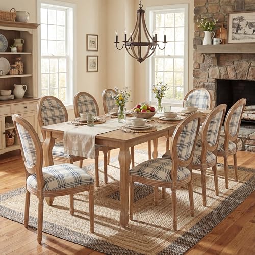 Image of Christopher Knight Home Bilas Extendable Dining Table Set for 8, Expandable Kitchen Table and Dining Chairs Set of 8, Rubberwood Dining Room Table Set for 8, Blue Plaid+Natural