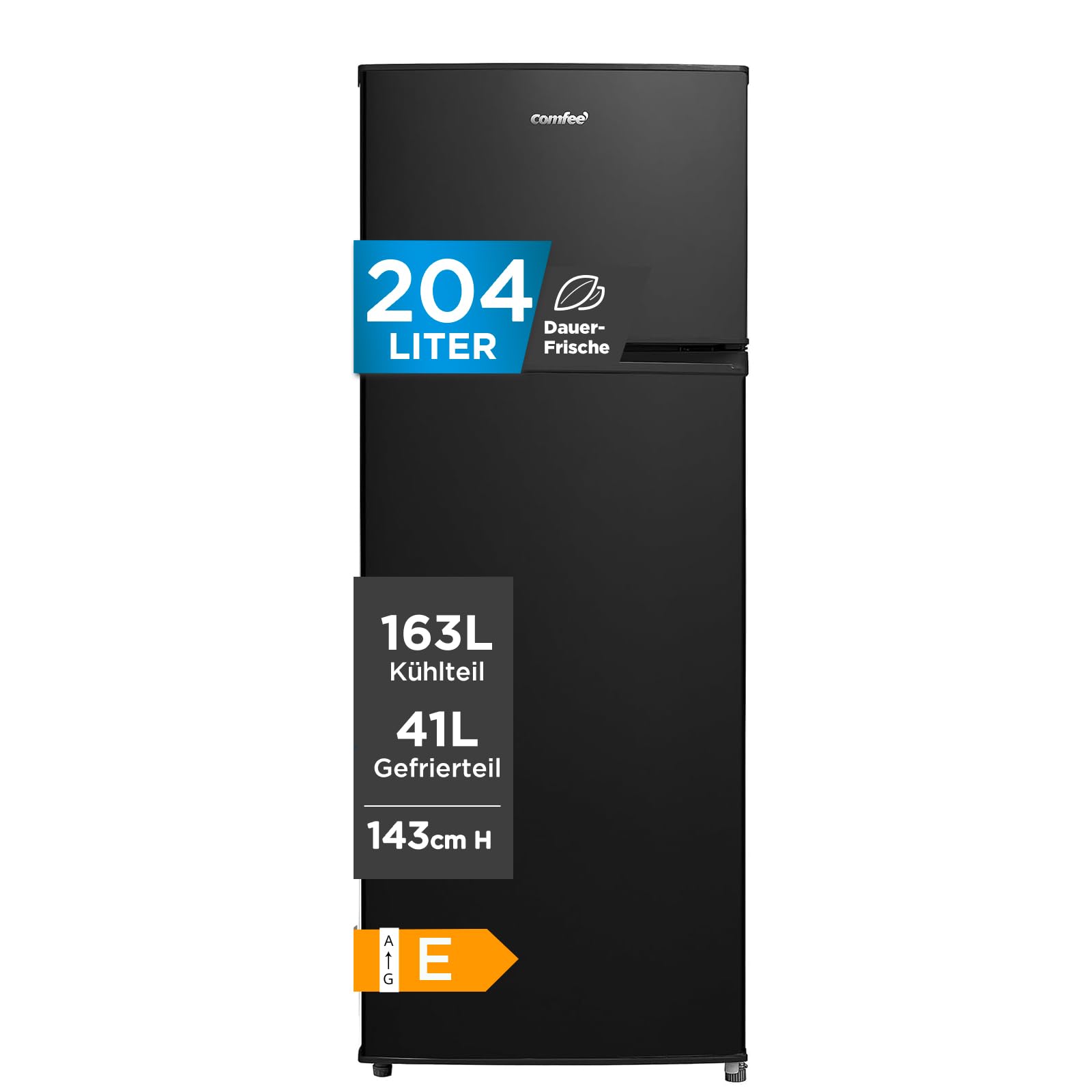 Comfee RCT284DK2A Kühl-/Gefrierkombination/Gefrierteil oben/176 kWh/Jahr/143cm Höhe/LED Licht/Reversibles Türscharnier/Schwarz