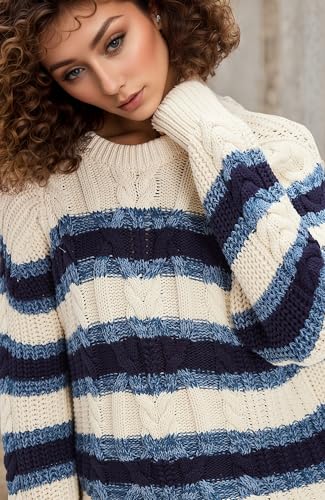 Women Striped Cable Knit Sweater Oversized Crew Neck Color Block Pullover Long Sleeve Knit Top Trendy Fall Outfits3