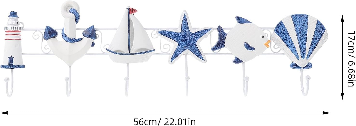 Wooden Mediterranean Style Decorative Coat Hooks 6-Hook Rack Ocean-Inspired Household Hangers for Entryway Wall Storage and Home Organization