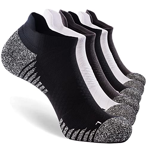 JEEDMNO Men's No Show Running Socks 6-pairs Women Men Ankle Low Cut Cyling Compression Athletic Socks Pro Arch Support Blister Resistant Moisture Wicking, Black White Grey, L (10-13 Women/9-11.5 Men)