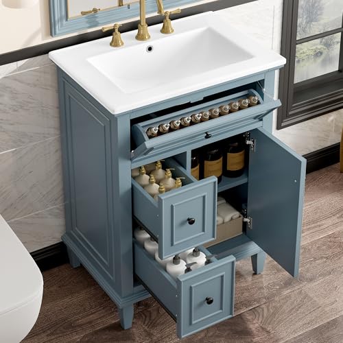 Virubi 24 in Small Bathroom Vanity with Sink,Tilt-Out Drawer,2 Drawers,Door and Adjustable Shelf,Solid Wood Modern Single Bathroom Sink Cabinet Freestanding (Blue Grey,24")