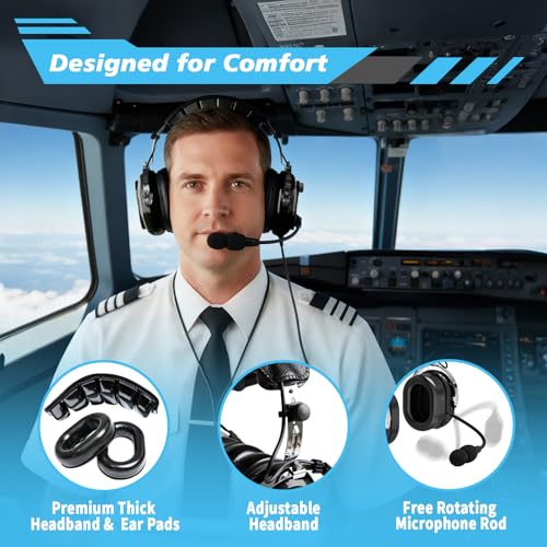 Image of WODASEN Aviation Pilot Headset for Students Flight School Passive Noise Canceling Aircraft Headphones with Boom Mic