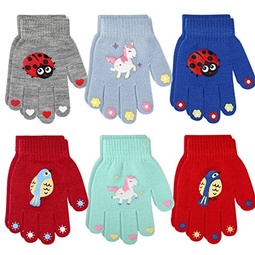 6 Pares Guantes de Invierno de Dedos Completos Guante de Punto Elástico de Animal Unicornio Manopla para Niños, 5 a 11 Años Cover