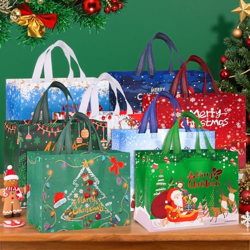 12Stück Geschenktüten Weihnachten Groß, Langlebig Wasserdichte Weihnachtstaschen mit Griff, 43x32x18cm Schimmernde Goldfolie Design für Weihnachtsgeschenke, Party & Einkaufen (12 Verschiedene Designs)