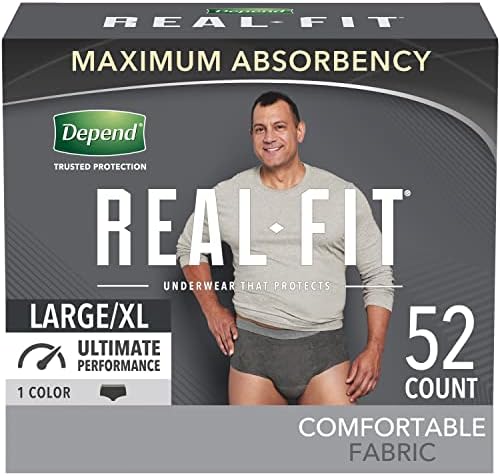 Depend Real Fit Incontinence Underwear for Men, Maximum Absorbency, Disposable, Large/Extra-Large, Black, 52 Count (Packaging May Vary)