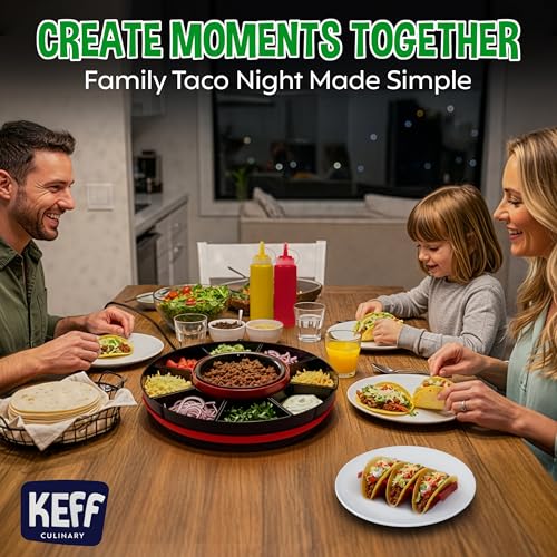 KEFF Taco Tuesday Kit - Taco Bar Serving Set for a Party, Lazy Susan Serving Dish 6 Sections, 4 Tacos Holder, Condiment Containers, Squeeze Bottles, Tongs, Recipes & Instructions - Tailgate Essentials by KEFF - Image 7