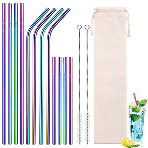 DGN Set di 12 Cannucce Riutilizzabili Set,Cannucce Acciaio con 2 Spazzole,Cannucce Metallo,Cannuccia Acciaio,Riutilizzabili Cannucce in Acciaio Inox,per Cocktail,Frullati,(Colori dell'arcobaleno)