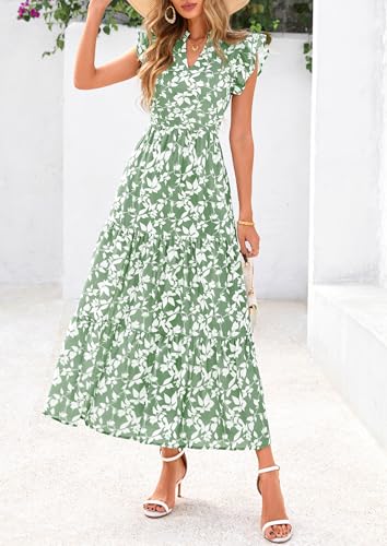 PRETTYGARDEN Women's 2025 Summer Floral Midi Dress Cap Sleeve V Neck Ruffle Long Flowy Boho Casual Beach Vacation Dresses3