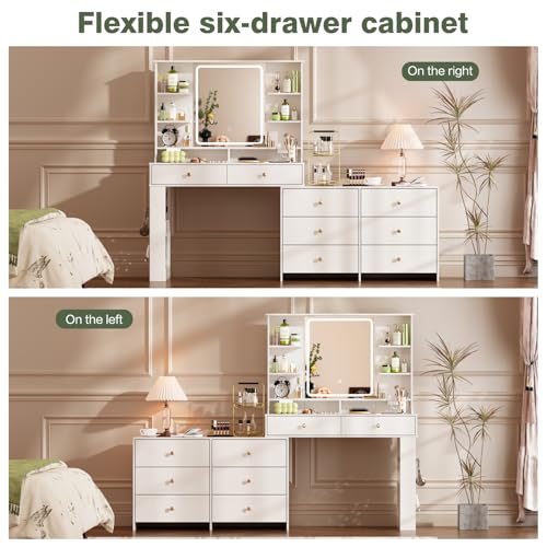 YYJ Makeup Vanity Desk with Large Mirror and Lights&Charging Station,3 Lighting Modes,Desk Vanity with 8 Storage Drawers and 8 Shelves,Makeup Table for Bedroom,Dressing Table with Nightstand,White