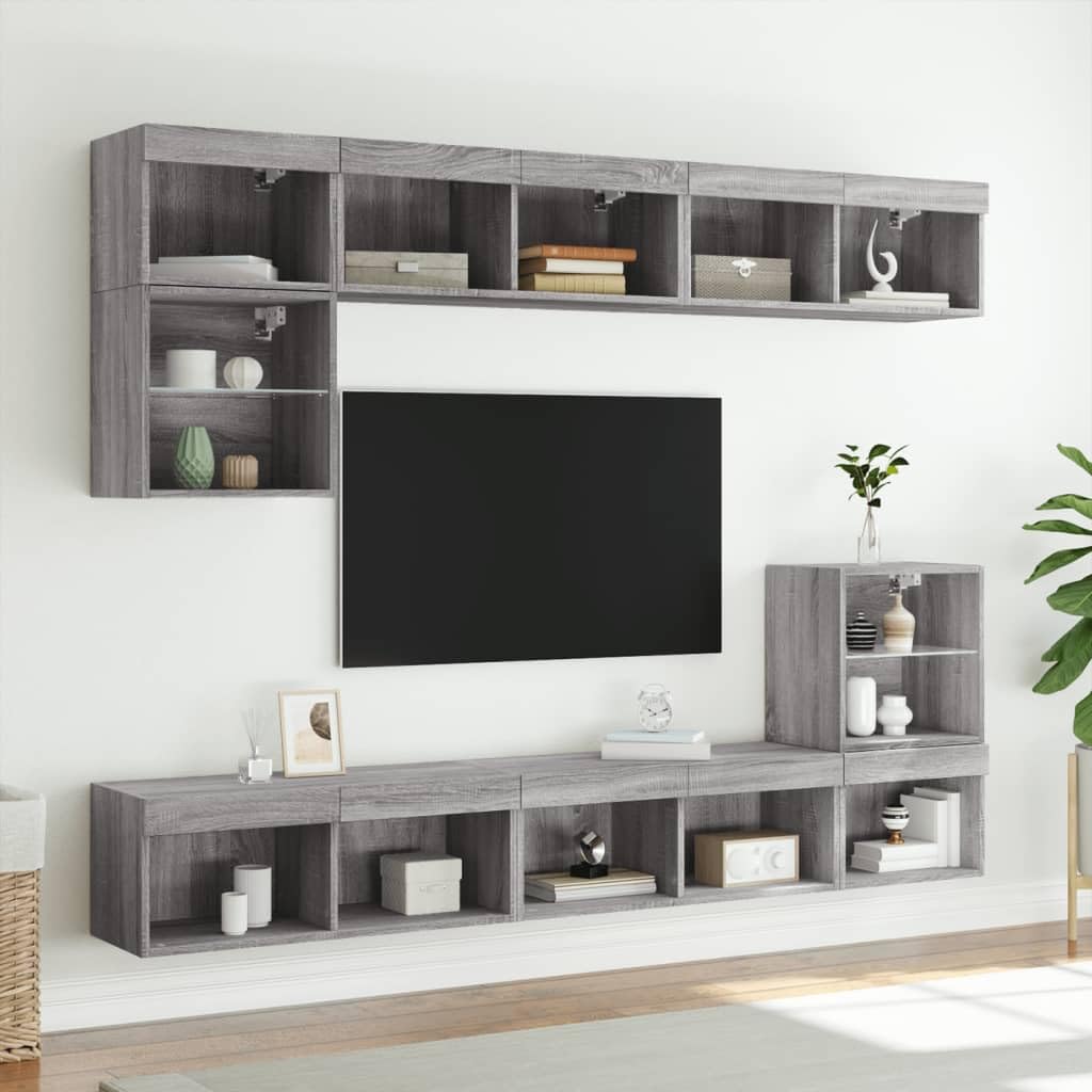 Juego de 2 armarios de TV con luces LED, gris Sonoma, 80 x 30 x 30 cm, montaje en pared, espacio de almacenamiento para salón, madera resistente
