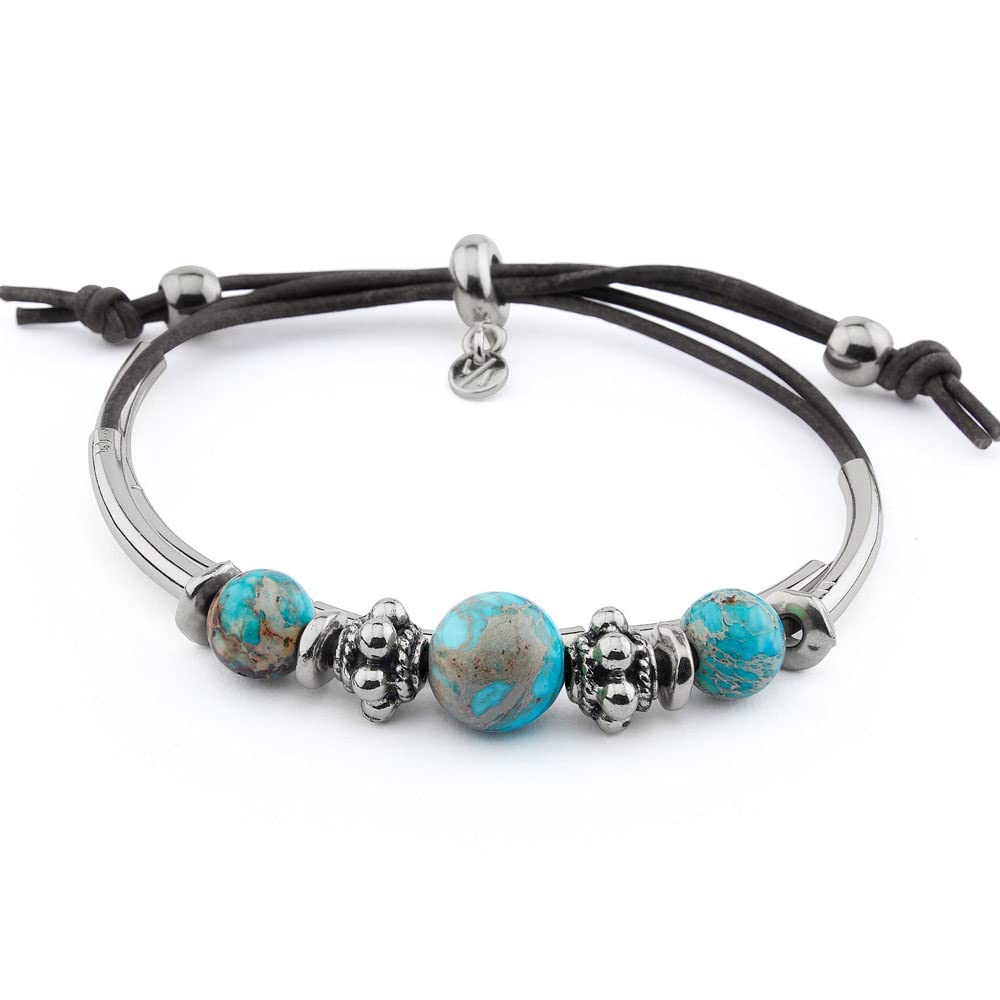 Lizzy JamesBasil Semi Precious Turquoise Adjustable Natural Black Double Leather Strand & Silver Bracelet for Women