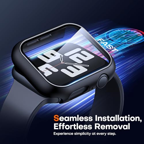 Image of TAURI 2 Pack Hard Case Designed for Apple Watch Series SE 6 5 4 44mm [Full Protection], with 9H Tempered Glass Screen Protector [Touch Sensitive] Slim Bumper Protective Cover 44mm, Black