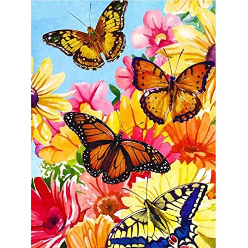MXJSUA Diamond Painting Kits for Adults, Flower Butterfly Round Full Drill Diamond Art Kits DIY Diamond Painting by Number Kits Diamond Gem Beads Art Kits for Home Wall Decor 12x16 Inch
