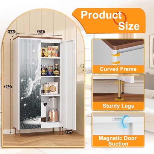 Image of 59 inch Metal Pantry Cabinet,White Kitchen Pantry Cabinets with Doors | Tall Freestanding Storage Cabinet with Adjustable Shelves,Modern Cabinet for Living Room, Kitchen,Dining,Whale Pattern