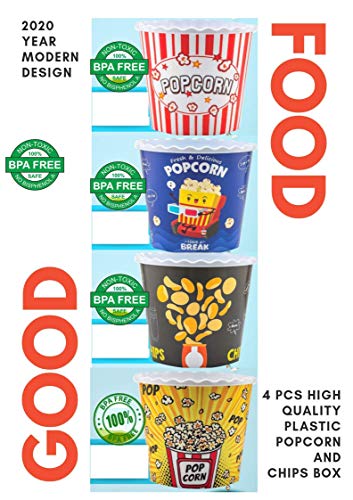 Modern Style Reusable Plastic Popcorn Containers / Popcorn Bowls Set For Movie Theater Night - Washable In The Dishwasher - (Bpa Free-4 Pack) (Color: Yellow, Brown, Red/White And Blue Popcorn Boxes) #TOP1